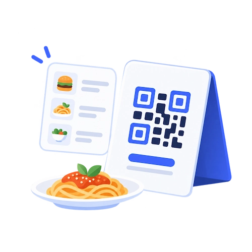 Restaurant menu illustration with a QR menu sign and plated dish
