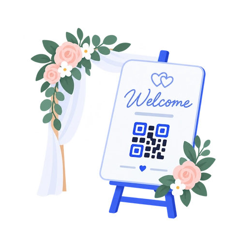 Wedding welcome illustration with a QR sign and floral arch