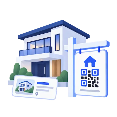 Real estate illustration with a home sign, QR code and property listing details